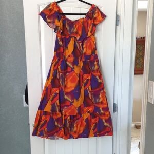 Nine West Colorful Abstract Off Shoulder Midi Dress